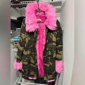 Camo and neon pink winter coat
